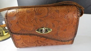Vintage Hand Tooled Leather Purse Shoulder Handbag Bag Floral - Picture 1 of 9