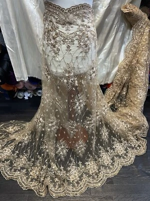 1 Meter Gold Embroided Pearl Beaded Scalloped Bridal lace Fabric 55” - Image 1 of 4