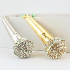 Bling Microphone Keychain Gold Silver Rhinestone Crystal Keyring Bag Purse Charm - Picture 1 of 8