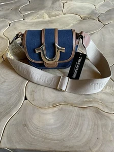 True Religion Dark Denim Crossbody Purse Satchel Gold Horse 7 In X 5 In - Picture 1 of 5