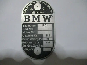 Typenschild BMW R 51 R51 24PS oldtimer Motorrad Schild s96 geätzt - Picture 1 of 1