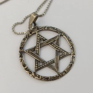 VTG Star of David Necklace Engraved Silver 925 Retro Men's Women Judaica Gift - Picture 1 of 18