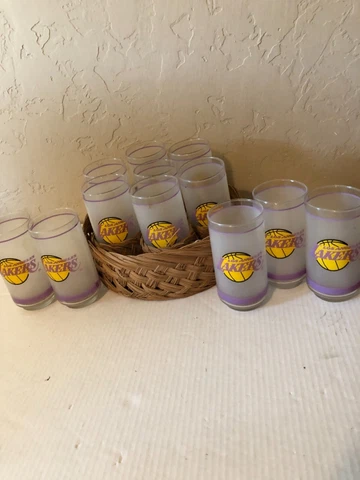 VINTAGE SET OF 12 NBA LOS ANGELES LAKERS /MOBIL 14 OZ FROSTED GLASSES & CARRIER Cover