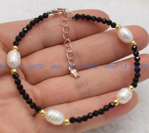 VALENTINO Affascinante Bracciale 4mm Sfaccettato Agata Nera Pietre Rotonde Perle Bianche 7 9in