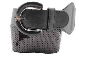 Women Black Fashion Elastic Belt Hip High Waist Sequins Silver Metal Buckle S M - Picture 1 of 12