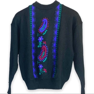 Maglione vintage Koret anni '80 L nero con stampa floreale stampa floreale Koret anni '90 L - Foto 1 di 7