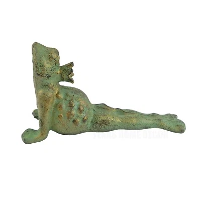 Green Prince Frog Yoga Pose Verdigris Cast Iron Figurine Door Wedge Stopper - Image 1 of 4