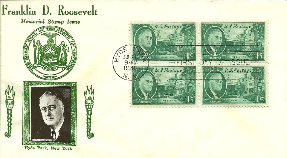 FDC 930 - 1¢ Roosevelt and Hyde Park - 7/26/1945 - Hyde Park, NY - Crosby - Image 1 of 1