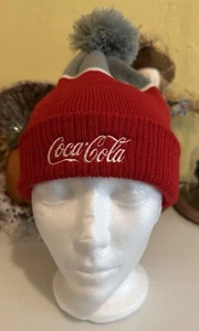 COCA COLA Cursive Red Stocking Cap Beanie with Grey Pom Pom - Picture 1 of 9