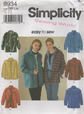 Simplicity Sewing Pattern 9934 Shacket Shirt Jacket Zip Buttons Size 18 - 24 New - Image 1 of 4