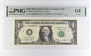 2000 Millennium Coin & Currency $1 1999 FRN Philadelphia PA Low Serial PMG *4610 - Picture 1 of 3
