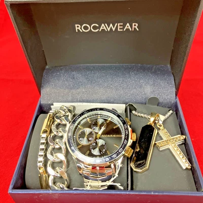 Rocawear Reloj Hombre Cruz Collar y Cadena Pulsera Conjunto Hip-Hop Streetwear NUEVO Foto 1 de 4