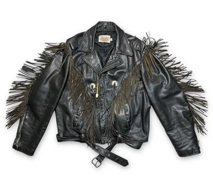 VTG Excelled Leather Black Fringed Motorcycle Jacket Size 46T Made In USA - Picture 1 of 13