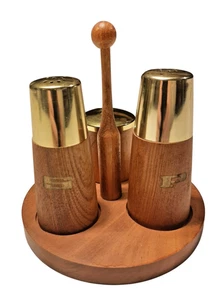 Saliera E Pepe Set Vintage Legno Teak Ottone Stuzzicadenti Barattolo Mostarda - Foto 1 di 7
