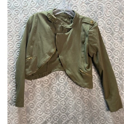 Shine Star Olive Green Moto Jacket Womens M Full Zip Cropped Lightweight - Image 1 of 4