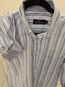Bugatchi Uomo Men's M Blue Striped Long Sleeve Coordinating Paisley Dress Shirt - Picture 1 of 8