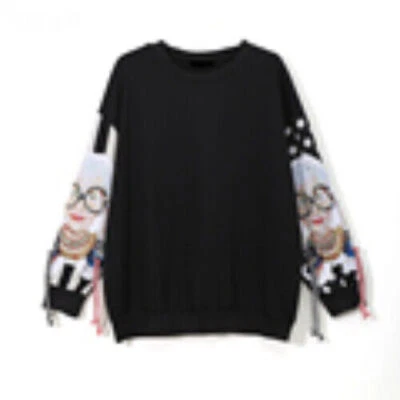 Black Long Sleeve Sweatshirts Women Print Tassel Pullover Hoodie - Image 1 of 4