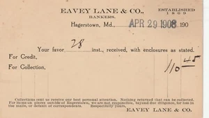 Hagerstown MD     EAVEY LANE & Co., BANKERS     1908 Postal Card       UX18 - Picture 1 of 2
