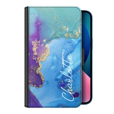 Personalised Phone Case For iPhone 13/12/11 Blue Purple Marble PU Leather Cover - Image 1 of 4