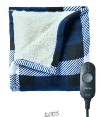 Sunbeam Electric Heated Sherpa Plush Warming Throw Blanket Blue Tartan Plaid - Image 1 of 2