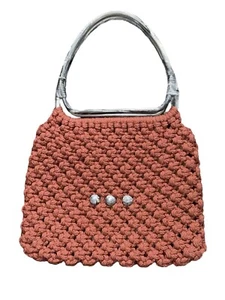 Vintage Macrame Purse Burndt Orange/ Terracotta Color Plastic Handles Handmade - Bild 1 von 8