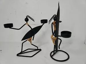 Tin Surfing Dancing African Tribe Tea light Candle Holder - 11.5" / 9" Tall - Picture 1 of 10