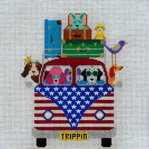 Needlepoint HandPainted JP Needlepoint Patriotic Pups Trippin Along 10x10 - Picture 1 of 4