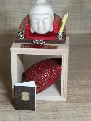 1/12 Dolls House shelf unit cube with Buddha, cushion, notebook bundle job lot  - Image 1 of 4