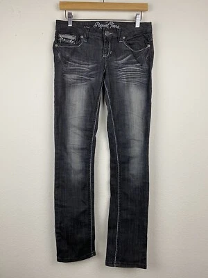 Pantalones de mezclilla elásticos REQUEST negros desgastados talla 7 28 adornados tiro bajo M12 Foto 1 de 4