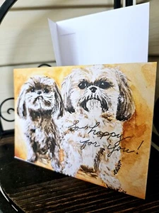 Watercolor Orig Art Print Card 'Shih Tzu Pups' Happy For You Greeting W/Env 5x7 - Picture 1 of 3