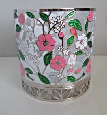 Bath & Body Works 3 Wick Candle Holder Shiny Silver White Pink Flowers Floral - Image 1 of 4