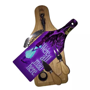 Cutting Board Wine and Glass Cheese Gift Set Alice in Wonderland Mad Cheshire - Picture 1 of 3