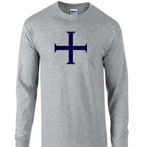 T-Shirt Tempelritter Baumwolle Kreuz christlich marineblau grau Langarmshirt - Bild 1 von 3