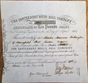 Certificado de stock 'Canterbury Music Hall Company' 1854 - Lambeth, Londres, Inglaterra - Imagen 1 de 1