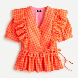 Blusa J.Crew rosa y naranja gingham algodón con volantes M - Imagen 1 de 3