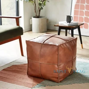 Cow Handmade Genuine Real Leather Boho Pouf Ottoman Footstool Pouffe 18 Inch - Picture 1 of 7