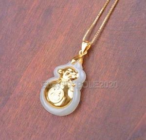 18K Gold Inlaid Carved MOney Bag Natural HeTian Jade Pendant Necklace Certified - Picture 1 of 6
