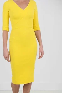 victoria beckham Kleid gelb Krepp 3/4 Ärmel 4 V-Ausschnitt V-Ausschnitt Etui - Bild 1 von 3