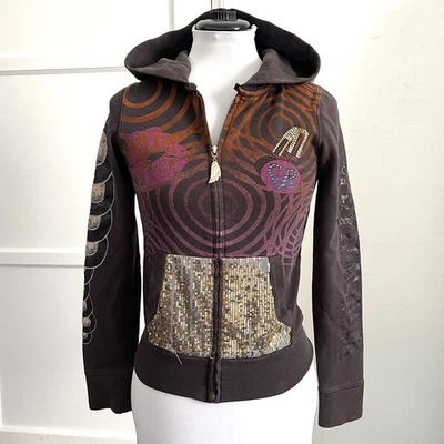 CRYSTAL ROCK XS Y2K Ed Hardy Sudadera con Capucha Cremallera Marrón Tatuaje Lentejuelas Estrás Calavera Foto 1 de 4