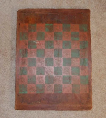 Antique American Primitive Folk Art Painted Green & Red Wood Checkers Game Board - Image 1 of 4