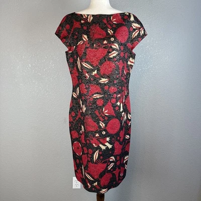 Moschino Womens Sheath Dress 14 Floral Red Black Gold Shimmer Wool Silk - Image 1 of 4