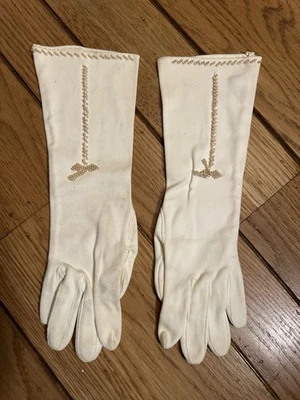 "Guantes de algodón vintage de 13"" con detalle de perlas marfil para mujer talla 7 boda nupcial" Foto 1 de 4