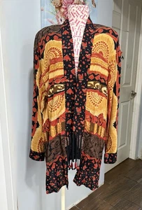 Carole Little Vintage 90s Crinkle Rayon Bols Batik Artwear Kimono Jacket Size 8 - Picture 1 of 8