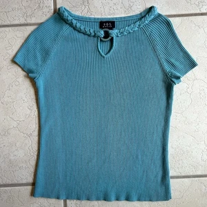 Vintage 90s Rqt Petite Turquoise Knit Top Women’s PM Blouse With Cutout - Picture 1 of 5