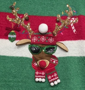 Maglione 33 Gradi Divertente Natale Taglie Forti Cool Cat Rudolph Bells Paillettes 3X - Foto 1 di 7