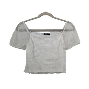 Ambiance Off Shoulder Cropped Top S White Smocked Sheer Sleeve Ruffle Hem Staple - Picture 1 of 6