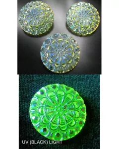 3 Czech Vaseline Crystal Glass LACY Buttons #B997 - 27 mm or 1" - IRIDESCENT - Picture 1 of 4