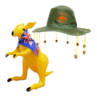 DÉGUISEMENT AUSTRALIE CHAPEAU EN LIÈGE + KANGOUROU GONFLABLE AUSSIE DAY CROCODILE DUNDEE  - Photo 1/4