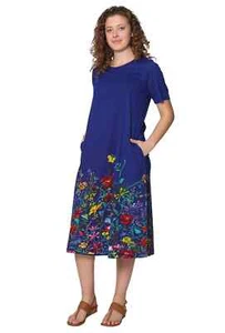 La Cera Womens Dress Floral Blue Midi Short Sleeve Shirt Dress Size Small - Picture 1 of 6