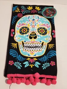 DAY OF THE DEAD LG SUGAR SKULL DIA DE LOS MUERTOS POM-POM DECORATIVE HAND TOWEL - Picture 1 of 2